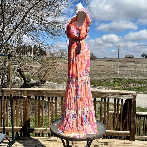 Hale Bob Orange Gianna Lace Insert Maxi Dress New Size Small - Picture 4 of 13